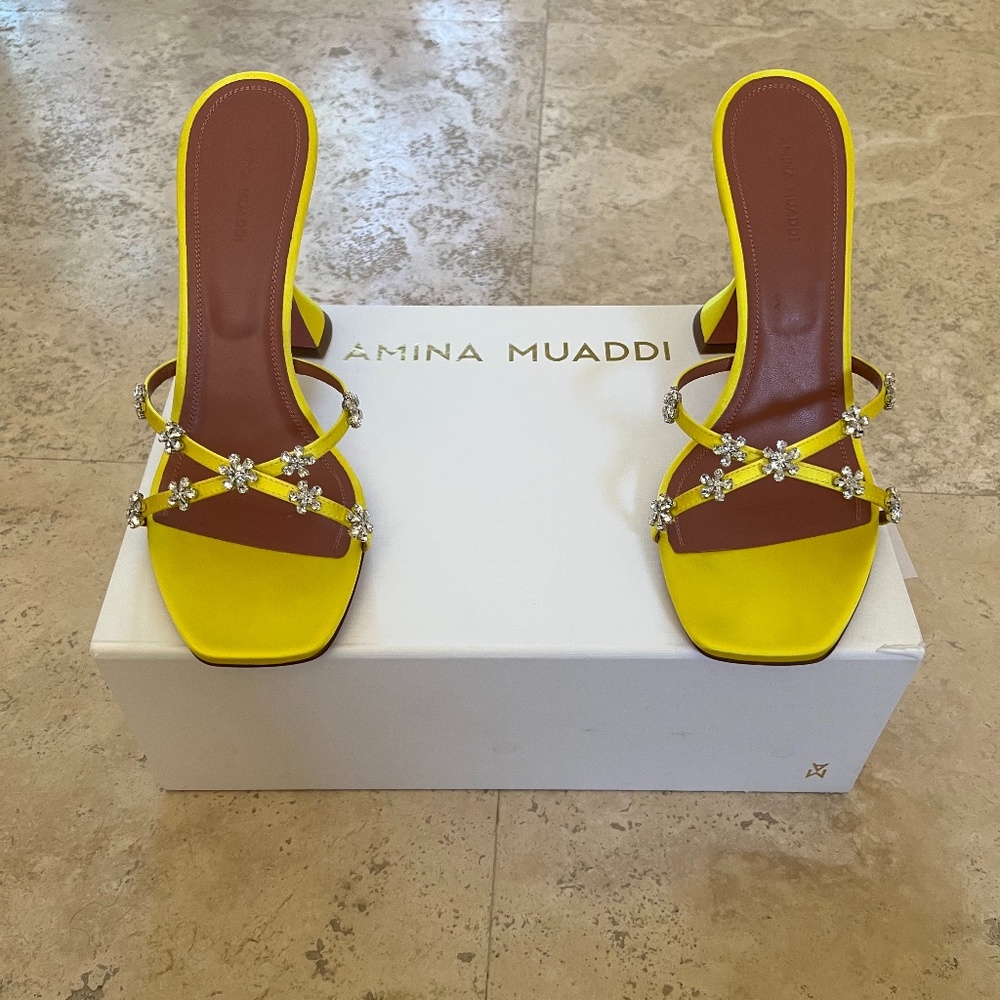 New Amina Muaddi Lily Crystal Slipper in Yellow Satin
